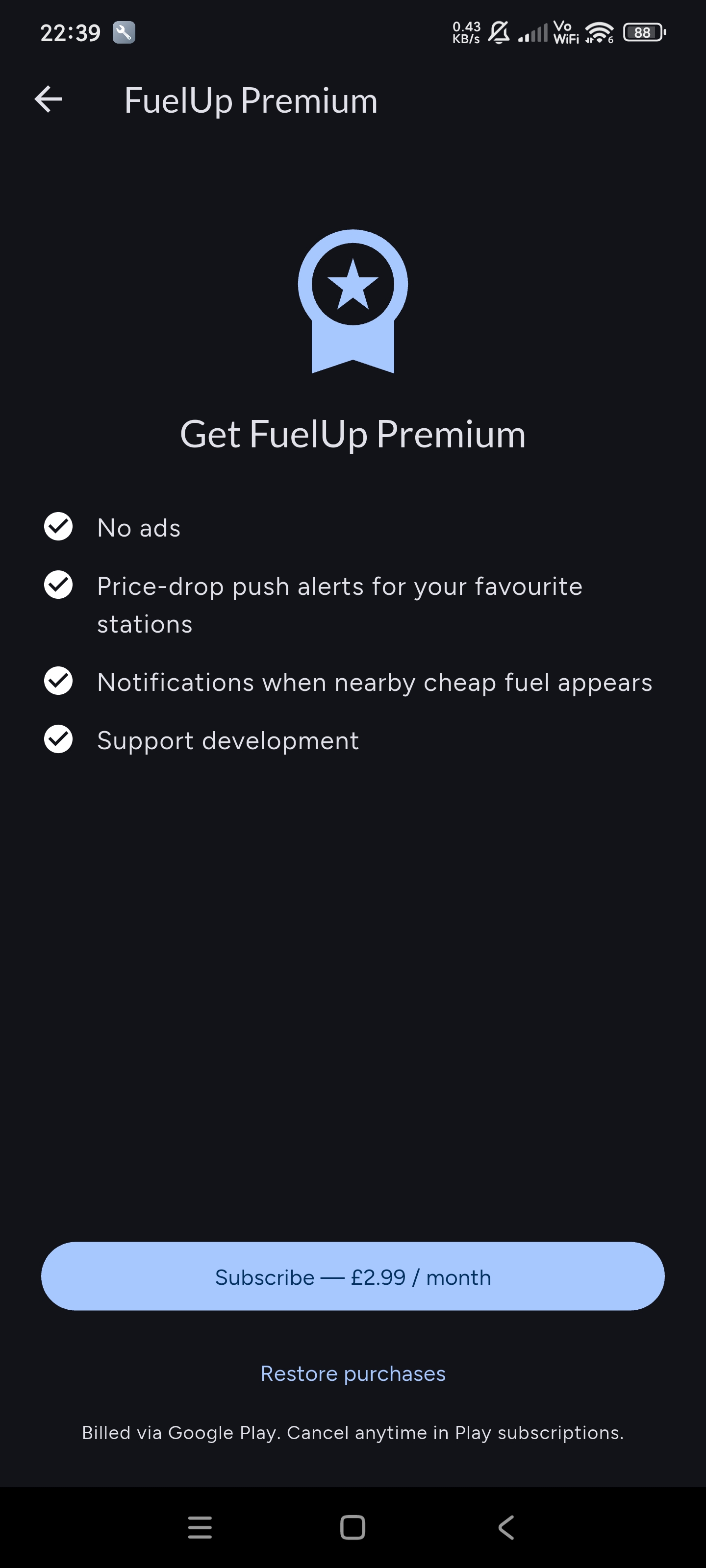 FuelUp Premium screen with benefits and £2.99 monthly price
